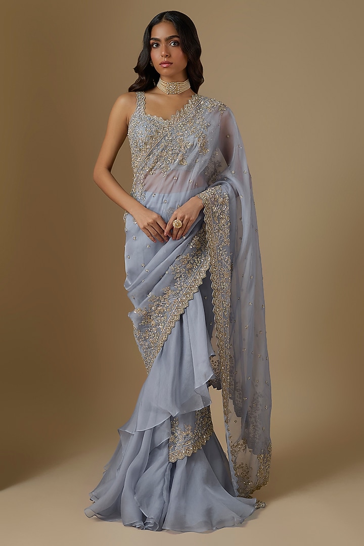 Blue Organza Hand Embroidered Ruffled Bridal Saree Set by Anushree Reddy at Pernia's Pop Up Shop