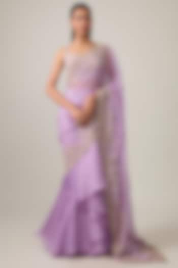 Lavender Organza Hand Embroidered Ruffled Bridal Saree Set by Anushree Reddy at Pernia's Pop Up Shop