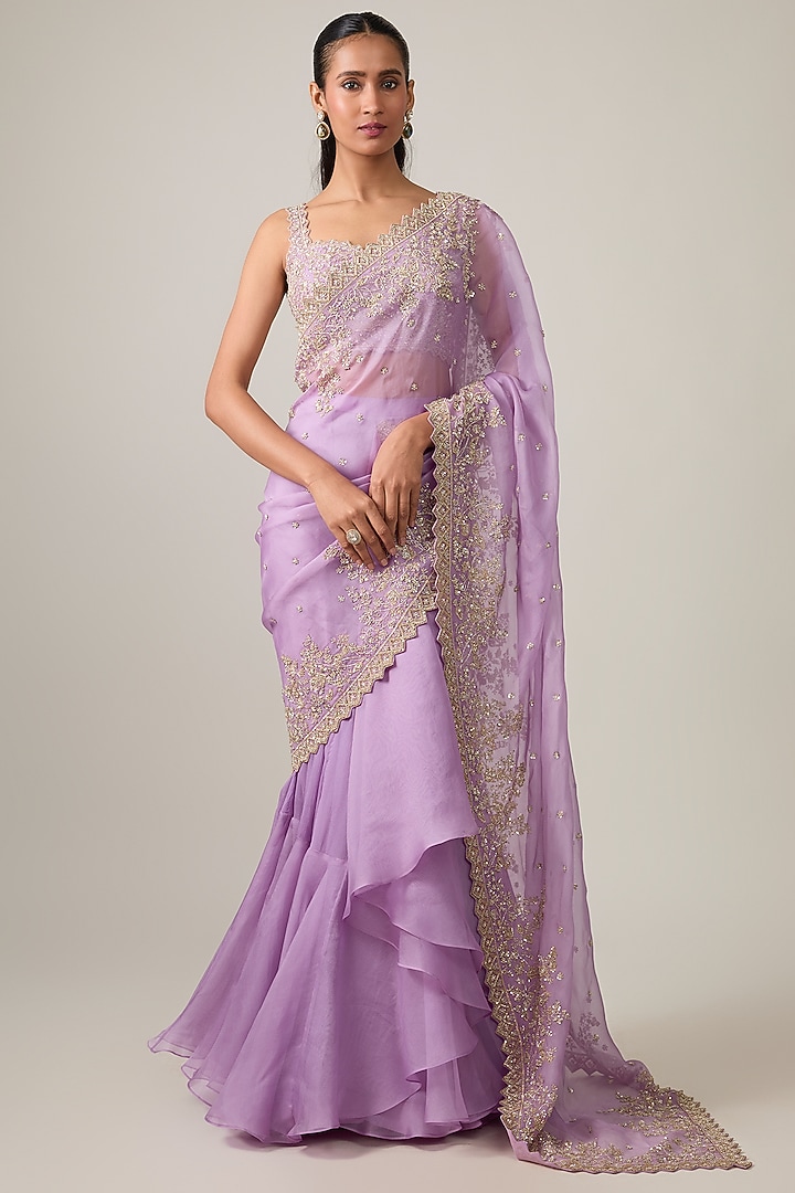 Lavender Organza Hand Embroidered Ruffled Bridal Saree Set by Anushree Reddy at Pernia's Pop Up Shop