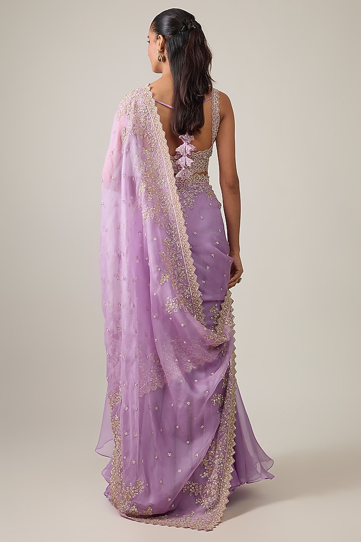 Lavender Organza Hand Embroidered Ruffled Bridal Saree Set by Anushree Reddy at Pernia's Pop Up Shop