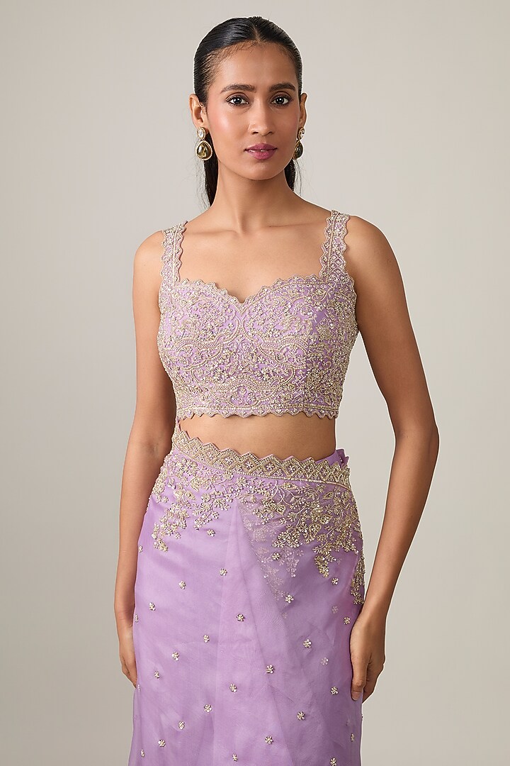 Lavender Organza Hand Embroidered Ruffled Bridal Saree Set by Anushree Reddy at Pernia's Pop Up Shop