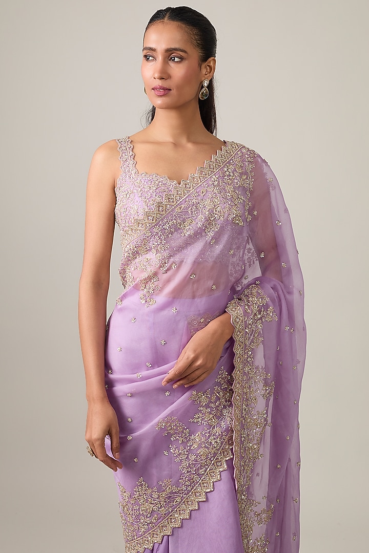 Lavender Organza Hand Embroidered Ruffled Bridal Saree Set by Anushree Reddy at Pernia's Pop Up Shop