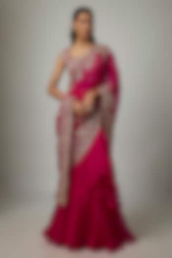 Cherry Red Organza & Chiffon Hand Embroidered Ruffled Bridal Saree Set by Anushree Reddy at Pernia's Pop Up Shop