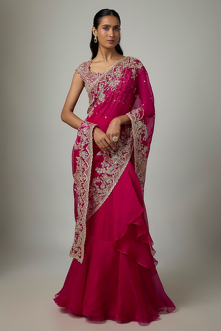 Cherry Red Organza & Chiffon Hand Embroidered Ruffled Bridal Saree Set by Anushree Reddy at Pernia's Pop Up Shop