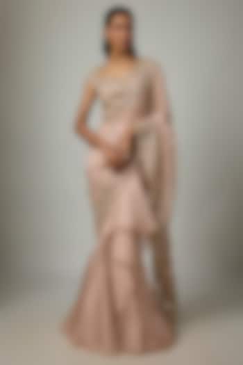 Champagne Organza & Chiffon Hand Embroidered Ruffled Bridal Saree Set by Anushree Reddy at Pernia's Pop Up Shop