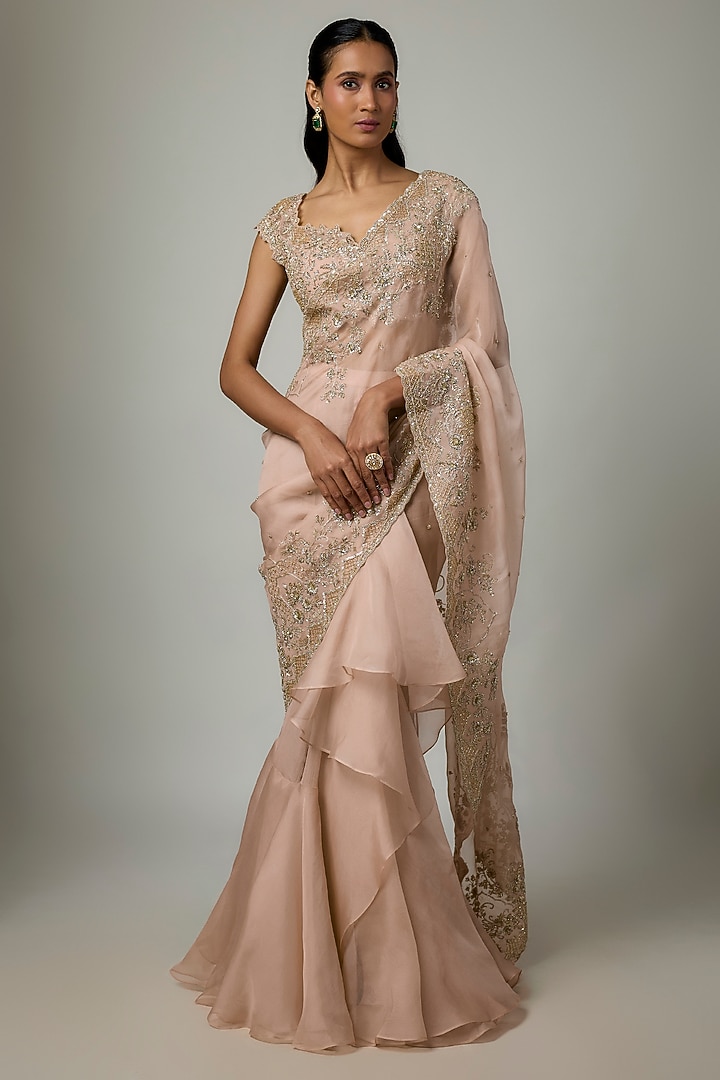 Champagne Organza & Chiffon Hand Embroidered Ruffled Bridal Saree Set by Anushree Reddy at Pernia's Pop Up Shop