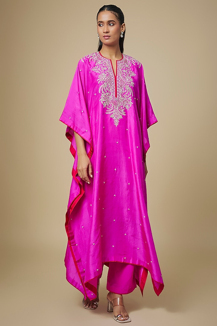 Hot Pink Dupion Silk Hand Embroidered Kaftan Set by Anushree Reddy at Pernia's Pop Up Shop