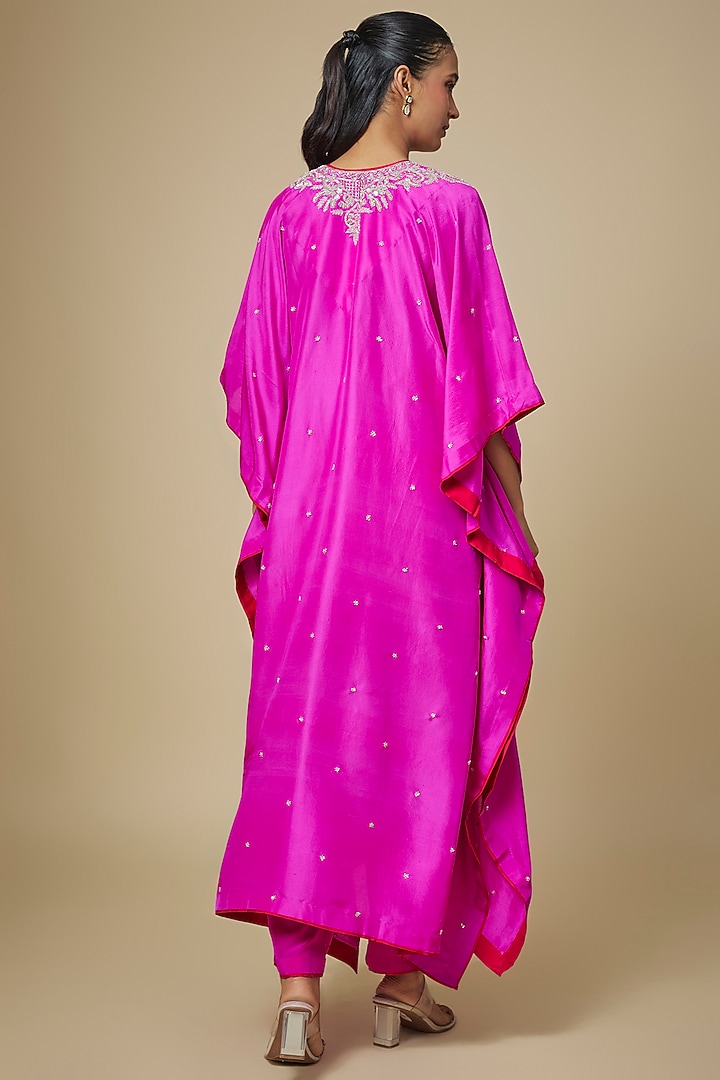 Hot Pink Dupion Silk Hand Embroidered Kaftan Set by Anushree Reddy at Pernia's Pop Up Shop