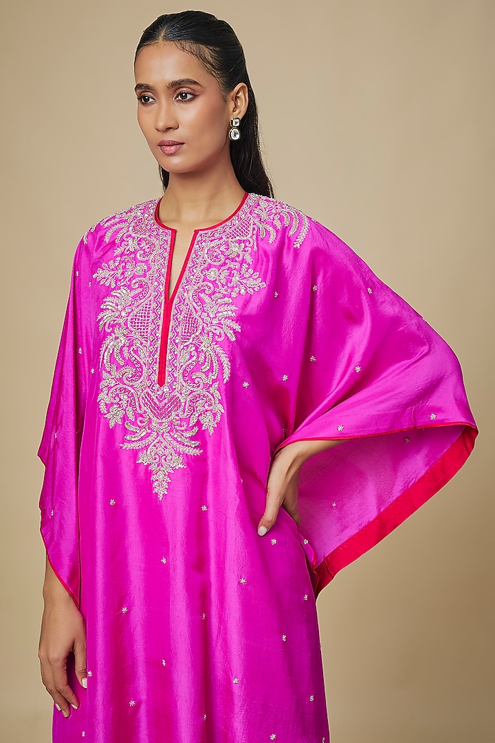 Hot Pink Dupion Silk Hand Embroidered Kaftan Set by Anushree Reddy at Pernia's Pop Up Shop