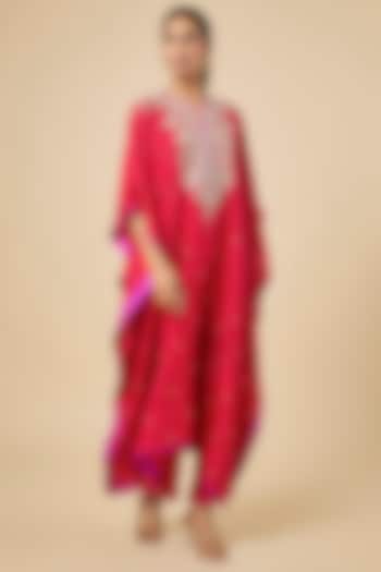 Red Dupion Silk Hand Embroidered Kaftan Set by Anushree Reddy at Pernia's Pop Up Shop