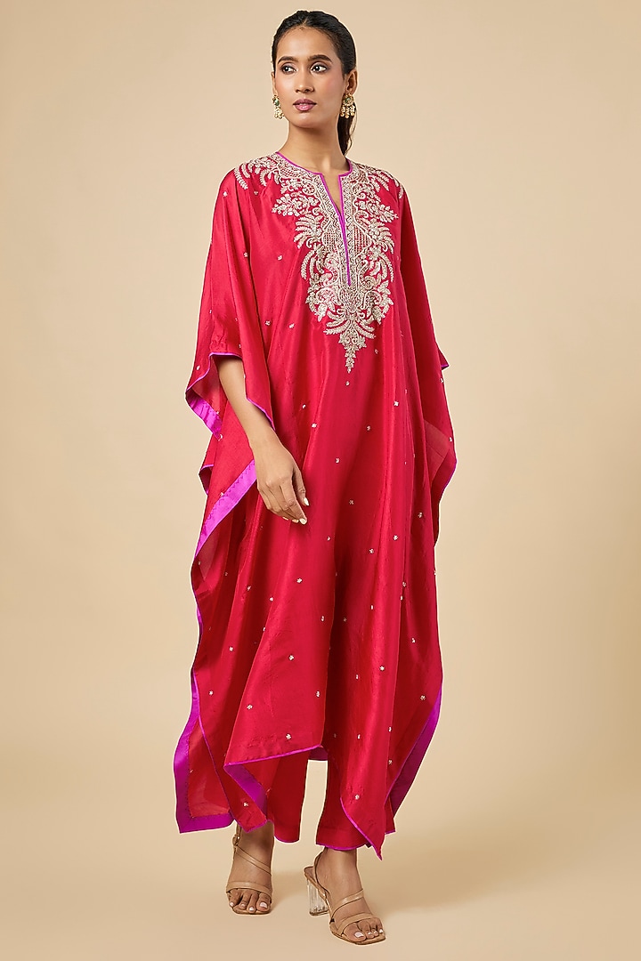 Red Dupion Silk Hand Embroidered Kaftan Set by Anushree Reddy at Pernia's Pop Up Shop