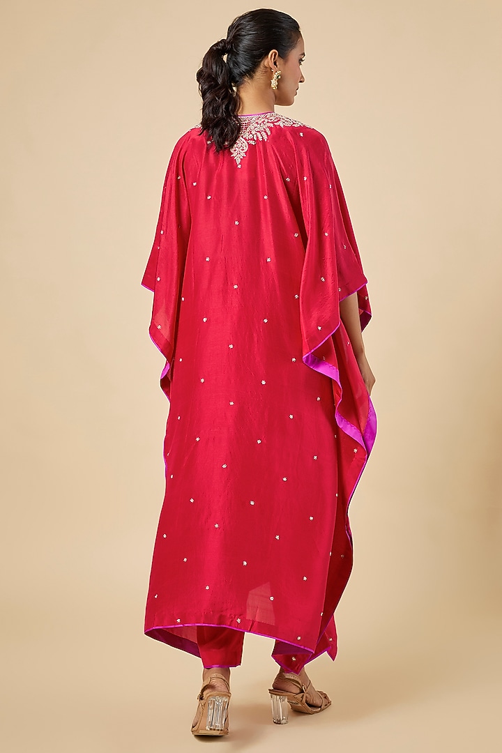 Red Dupion Silk Hand Embroidered Kaftan Set by Anushree Reddy at Pernia's Pop Up Shop