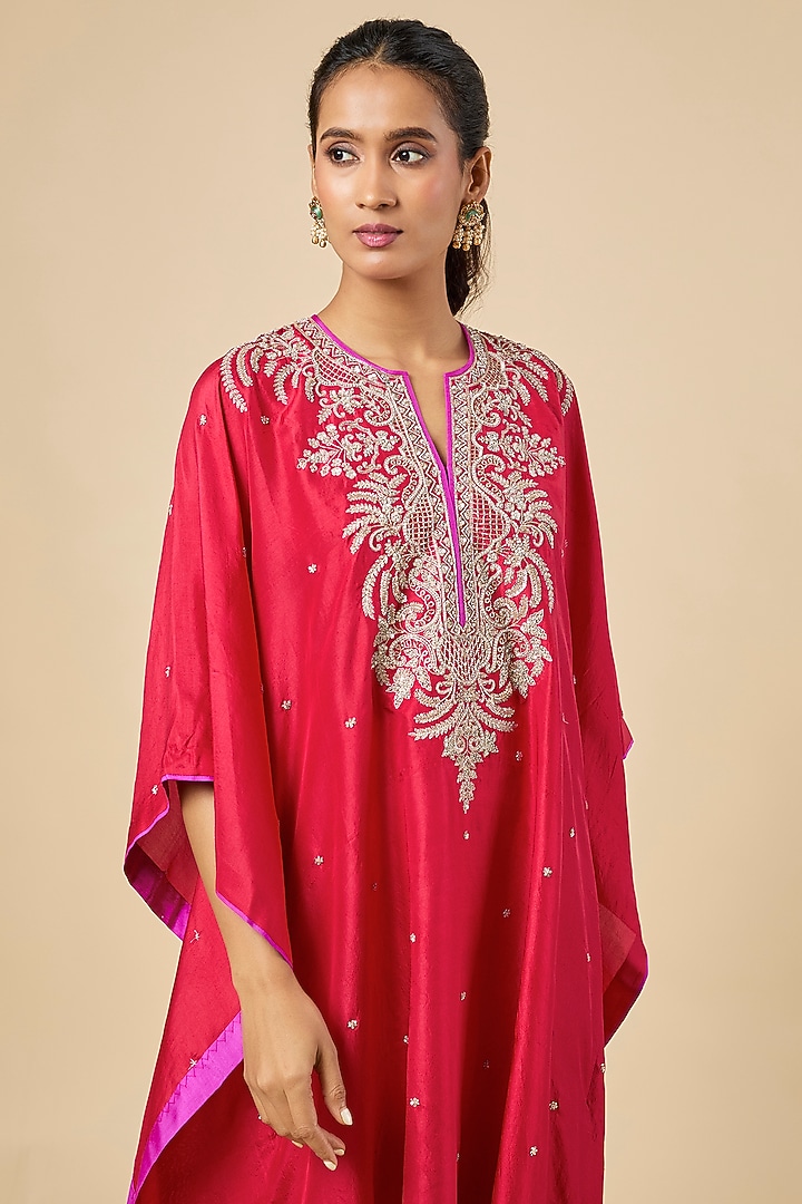 Red Dupion Silk Hand Embroidered Kaftan Set by Anushree Reddy at Pernia's Pop Up Shop