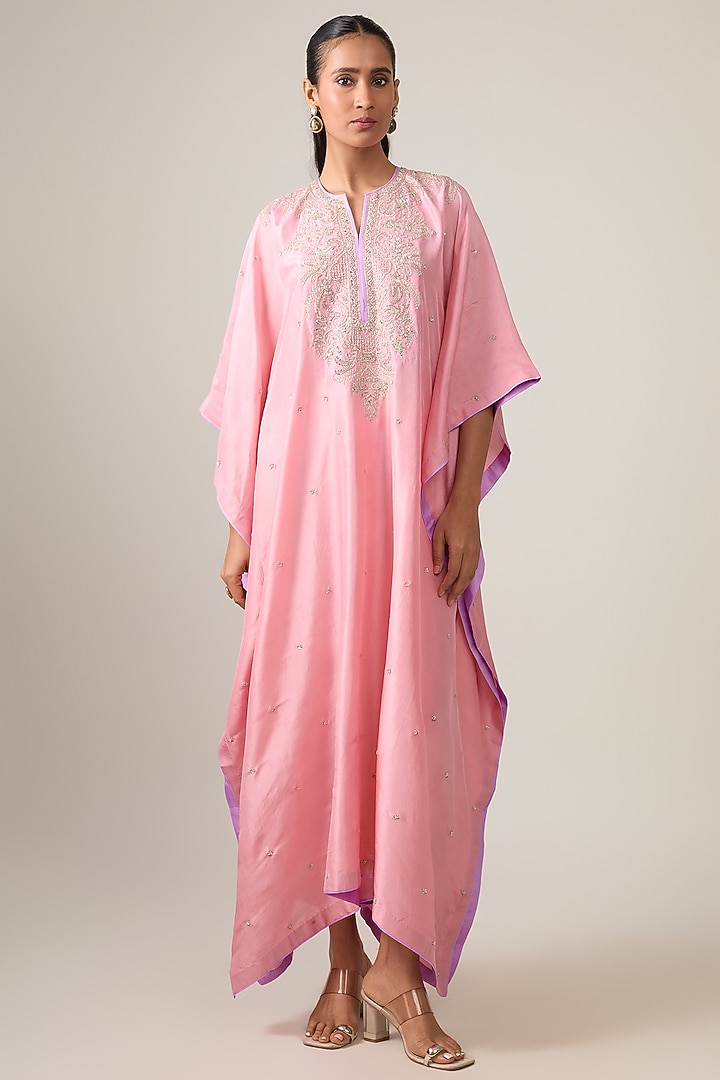 Blush Pink Dupion Silk Hand Embroidered Kaftan Set by Anushree Reddy at Pernia's Pop Up Shop