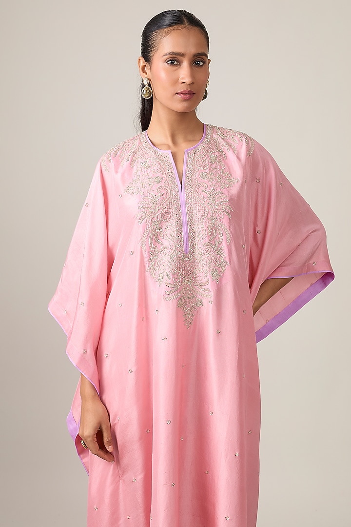 Blush Pink Dupion Silk Hand Embroidered Kaftan Set by Anushree Reddy at Pernia's Pop Up Shop