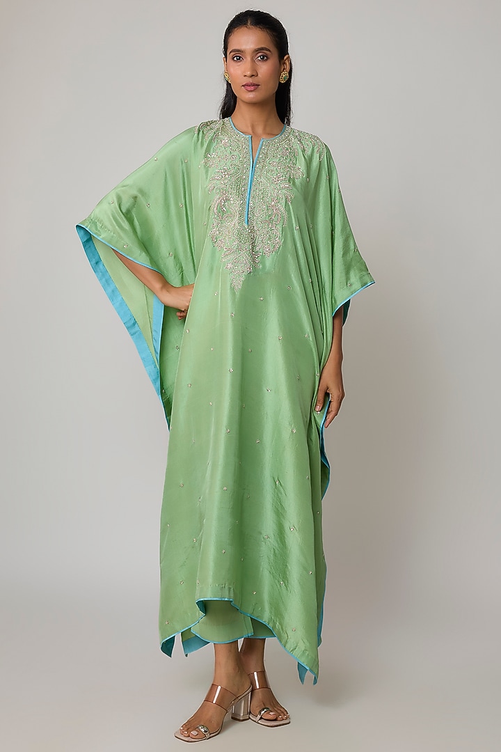 Sea Green Dupion Silk Hand Embroidered Kaftan Set by Anushree Reddy at Pernia's Pop Up Shop