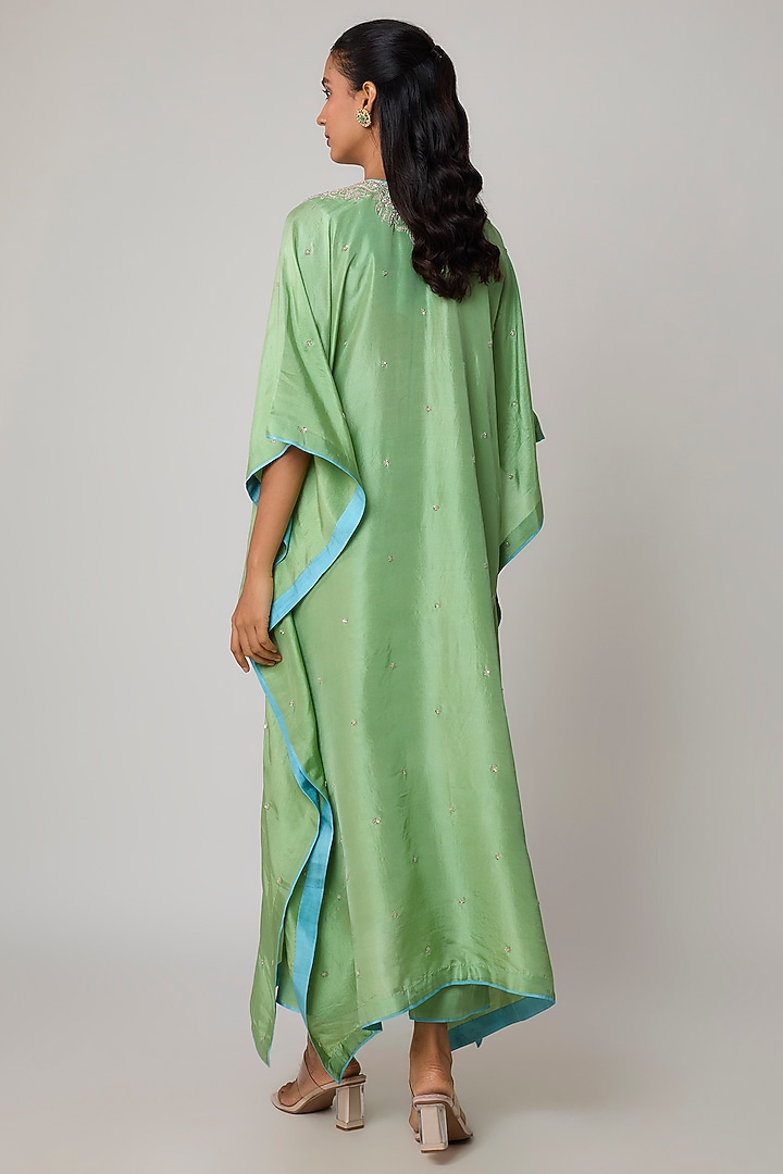 Lime Green Dupion Silk Hand Embroidered Kaftan Set by Anushree Reddy at Pernia's Pop Up Shop