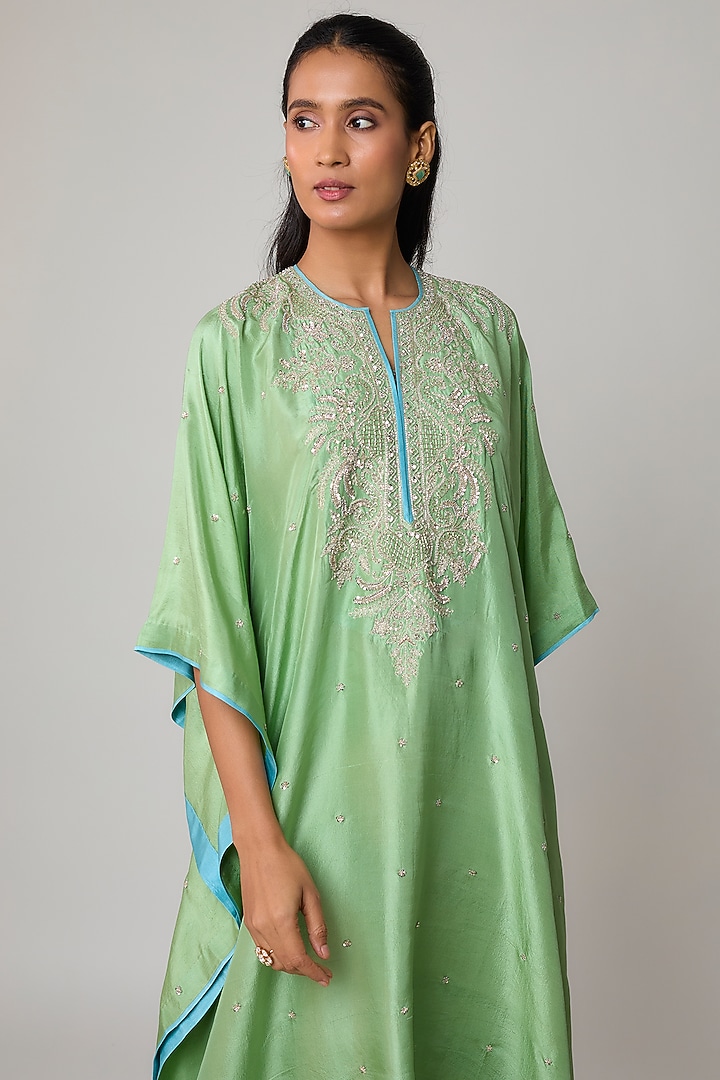 Lime Green Dupion Silk Hand Embroidered Kaftan Set by Anushree Reddy at Pernia's Pop Up Shop