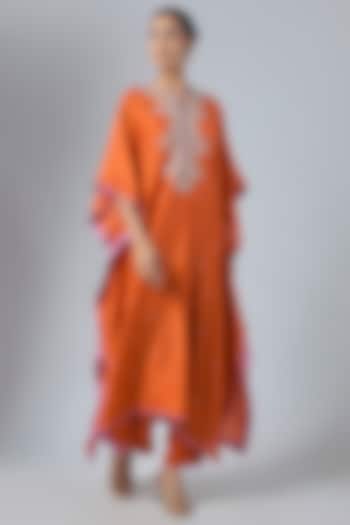 Orange Dupion Silk Hand Embroidered Kaftan Set by Anushree Reddy at Pernia's Pop Up Shop