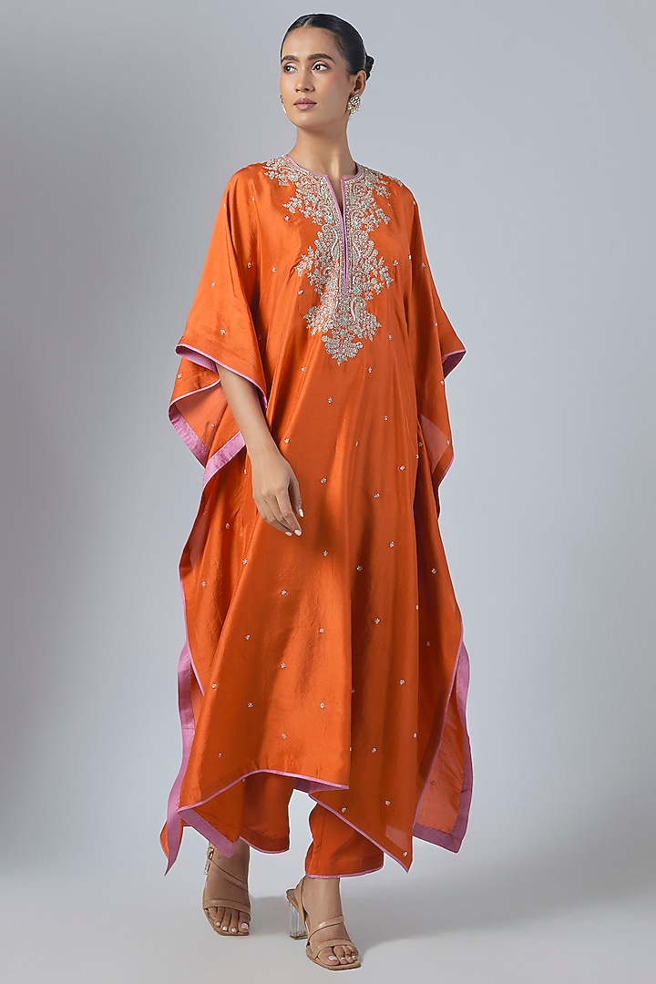 Orange Dupion Silk Hand Embroidered Kaftan Set by Anushree Reddy at Pernia's Pop Up Shop