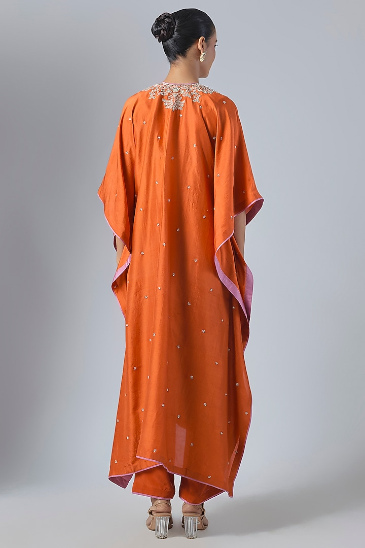 Orange Dupion Silk Hand Embroidered Kaftan Set by Anushree Reddy at Pernia's Pop Up Shop