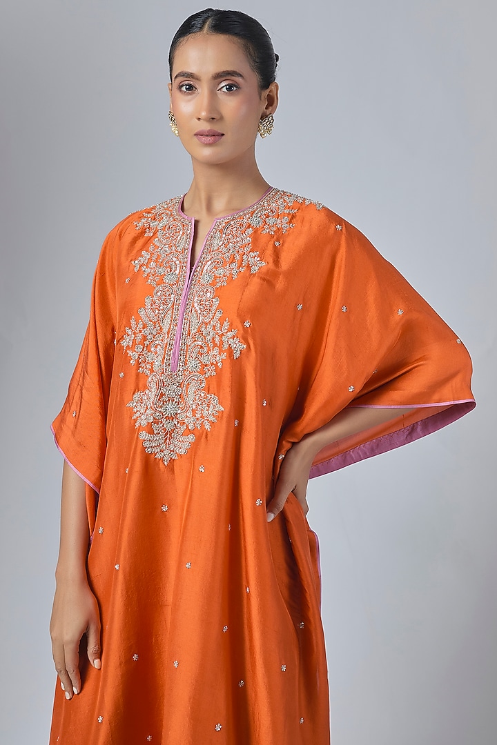 Orange Dupion Silk Hand Embroidered Kaftan Set by Anushree Reddy at Pernia's Pop Up Shop
