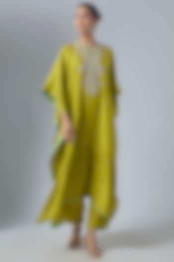 Chutney Green Dupion Silk Hand Embroidered Kaftan Set by Anushree Reddy at Pernia's Pop Up Shop