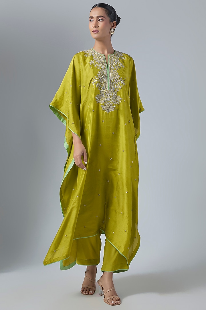 Chutney Green Dupion Silk Hand Embroidered Kaftan Set by Anushree Reddy at Pernia's Pop Up Shop