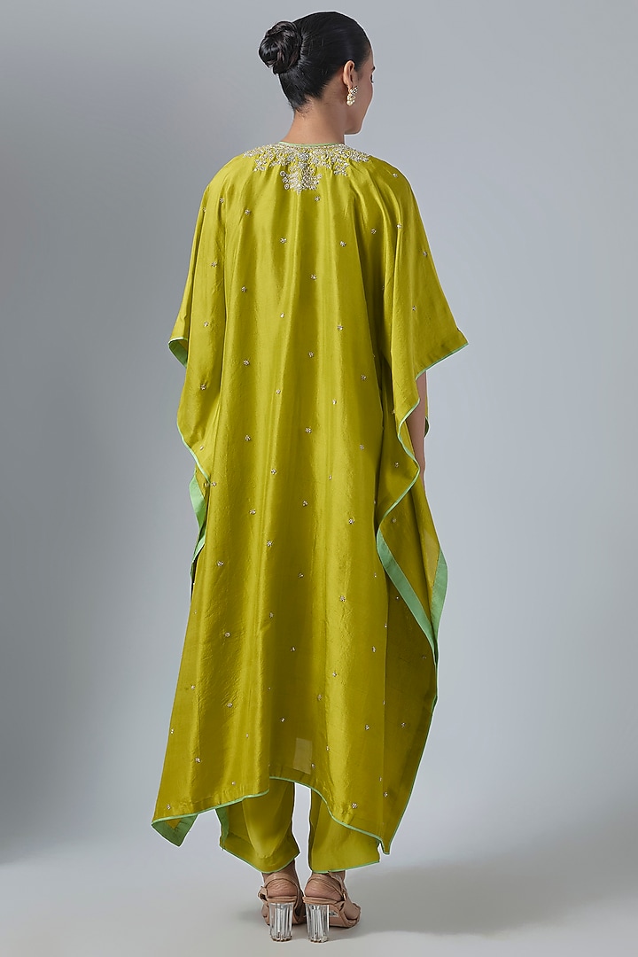 Chutney Green Dupion Silk Hand Embroidered Kaftan Set by Anushree Reddy at Pernia's Pop Up Shop