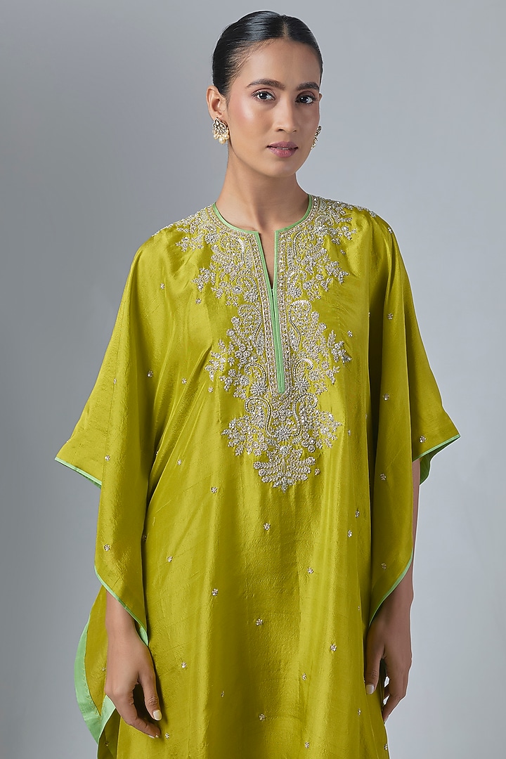 Chutney Green Dupion Silk Hand Embroidered Kaftan Set by Anushree Reddy at Pernia's Pop Up Shop