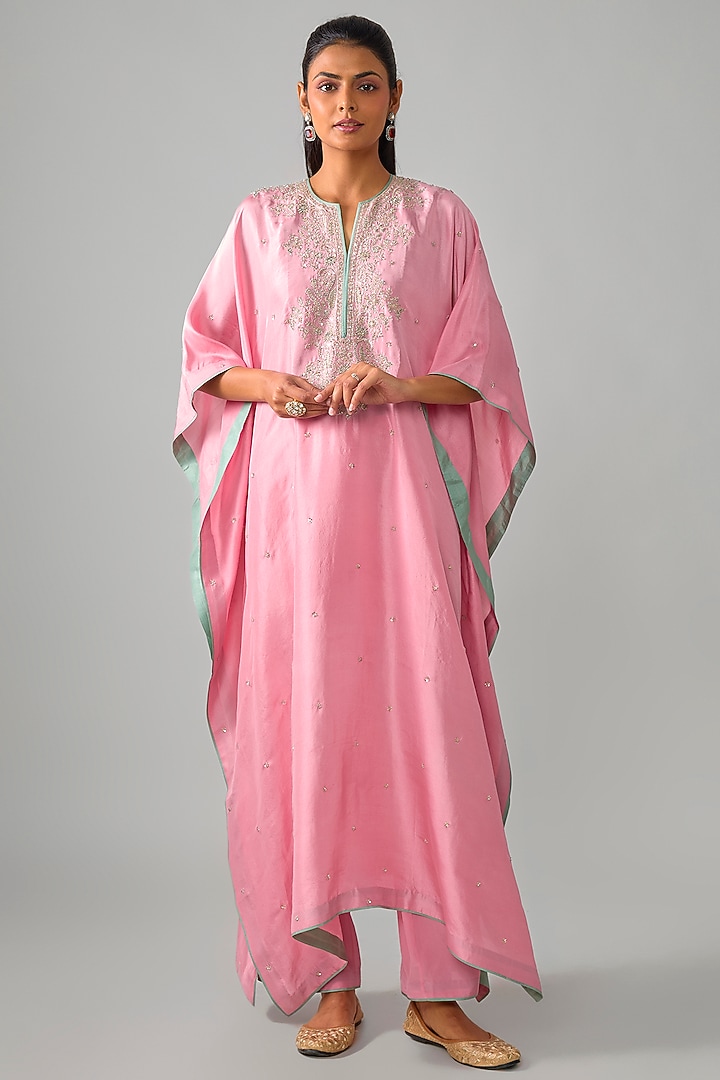 Blush Pink Dupion Silk Hand Embroidered Kaftan Set by Anushree Reddy at Pernia's Pop Up Shop