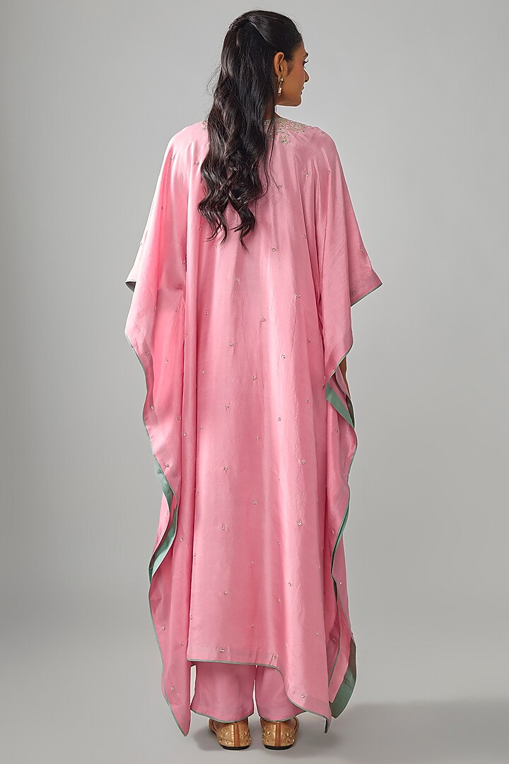 Blush Pink Dupion Silk Hand Embroidered Kaftan Set by Anushree Reddy at Pernia's Pop Up Shop