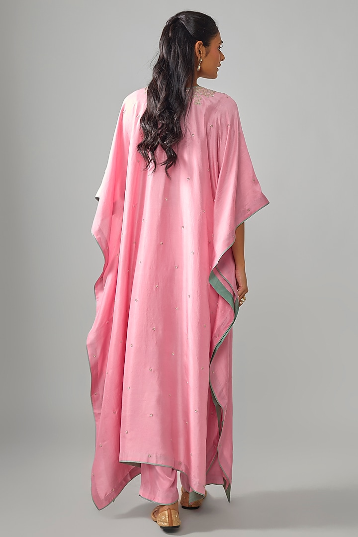 Blush Pink Dupion Silk Hand Embroidered Kaftan Set by Anushree Reddy at Pernia's Pop Up Shop