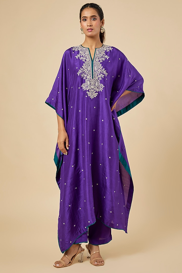 Purple Dupion Silk Hand Embroidered Kaftan Set by Anushree Reddy at Pernia's Pop Up Shop