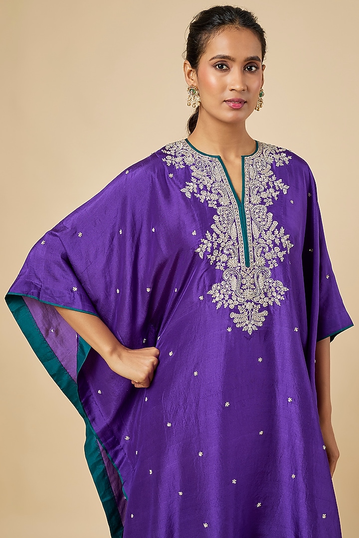 Purple Dupion Silk Hand Embroidered Kaftan Set by Anushree Reddy at Pernia's Pop Up Shop