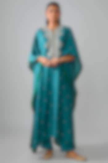 Teal Dupion Silk Hand Embroidered Kaftan Set by Anushree Reddy at Pernia's Pop Up Shop