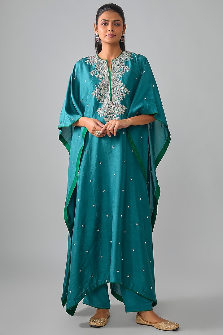 Teal Dupion Silk Hand Embroidered Kaftan Set by Anushree Reddy at Pernia's Pop Up Shop