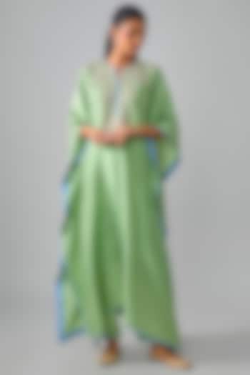 Sea Green Dupion Silk Hand Embroidered Kaftan Set by Anushree Reddy at Pernia's Pop Up Shop