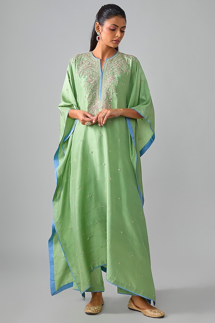 Sea Green Dupion Silk Hand Embroidered Kaftan Set by Anushree Reddy at Pernia's Pop Up Shop