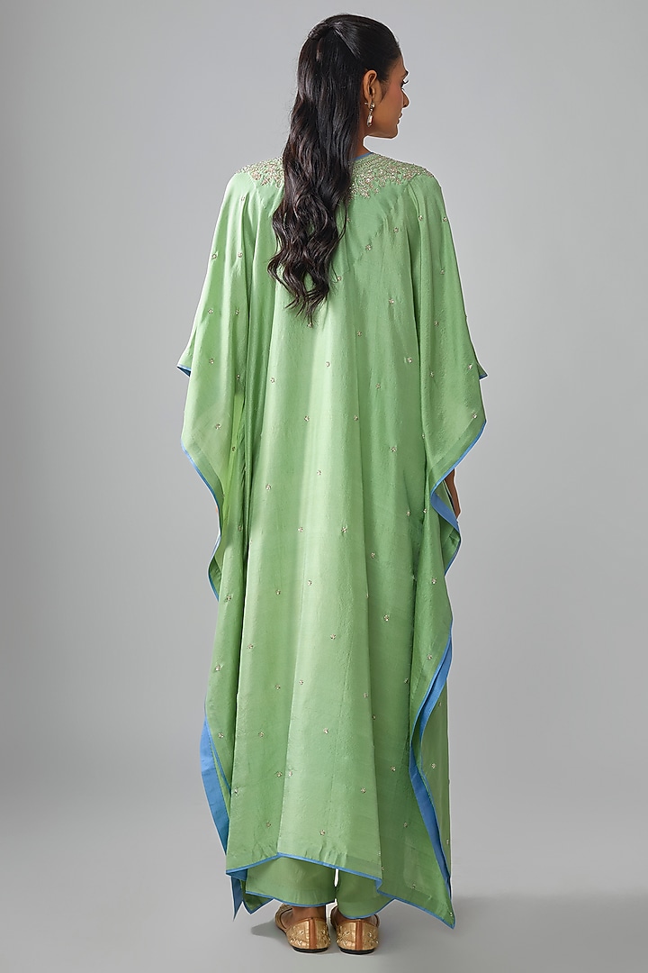 Sea Green Dupion Silk Hand Embroidered Kaftan Set by Anushree Reddy at Pernia's Pop Up Shop