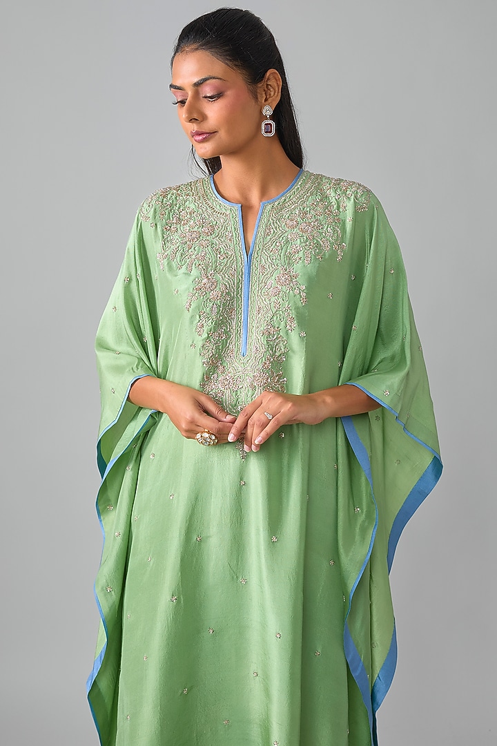 Sea Green Dupion Silk Hand Embroidered Kaftan Set by Anushree Reddy at Pernia's Pop Up Shop