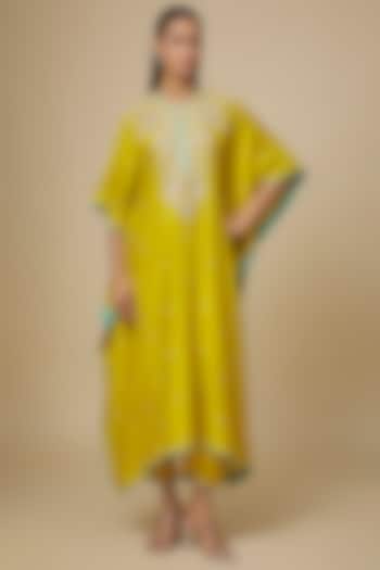 Lime Yellow Dupion Silk Hand Embroidered Kaftan Set by Anushree Reddy at Pernia's Pop Up Shop