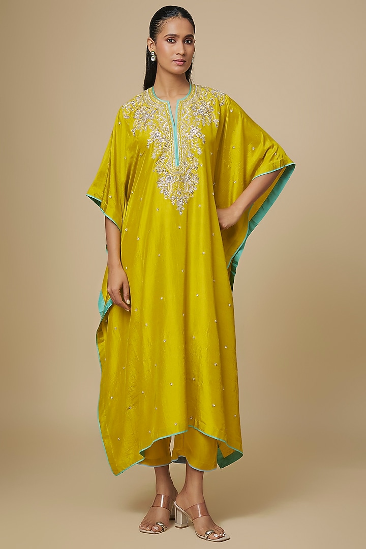 Lime Yellow Dupion Silk Hand Embroidered Kaftan Set by Anushree Reddy at Pernia's Pop Up Shop