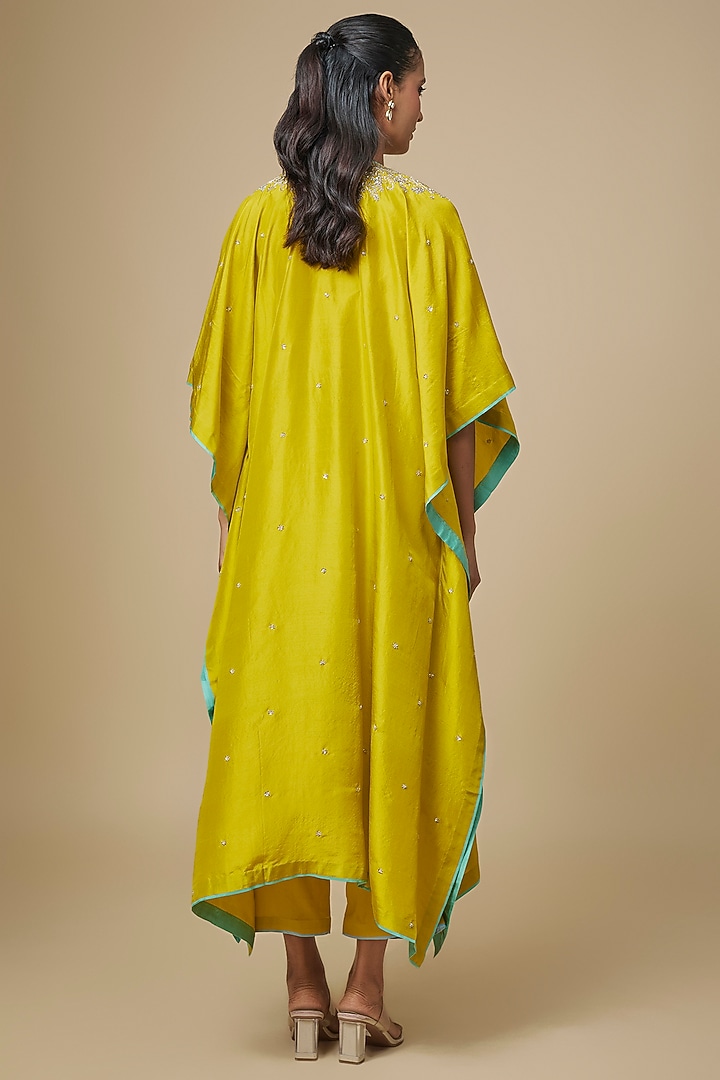 Lime Yellow Dupion Silk Hand Embroidered Kaftan Set by Anushree Reddy at Pernia's Pop Up Shop