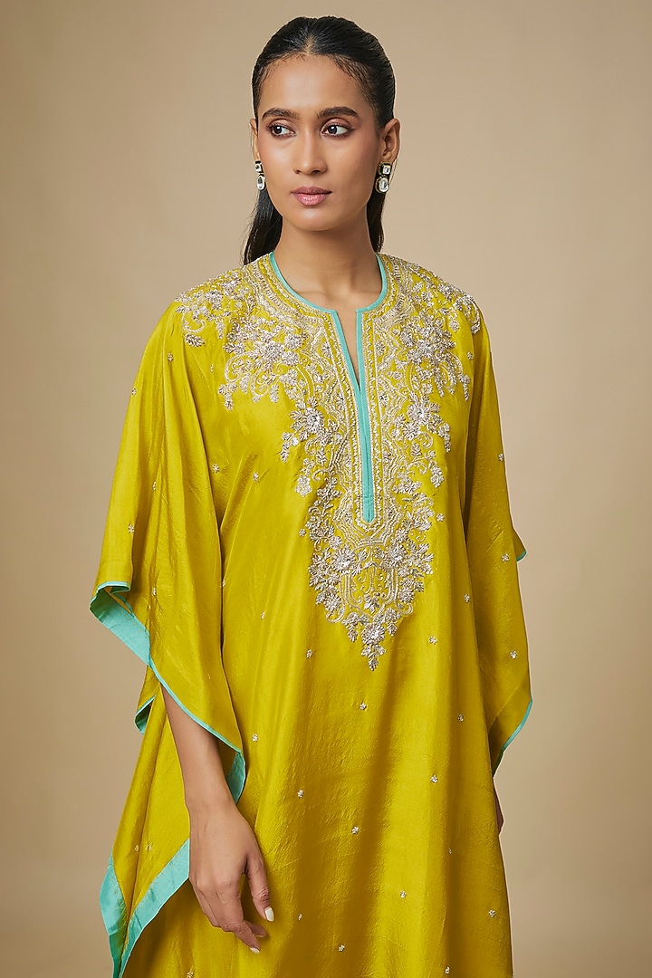 Lime Yellow Dupion Silk Hand Embroidered Kaftan Set by Anushree Reddy at Pernia's Pop Up Shop