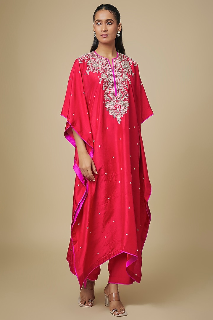 Red Dupion Silk Hand Embroidered Kaftan Set by Anushree Reddy at Pernia's Pop Up Shop