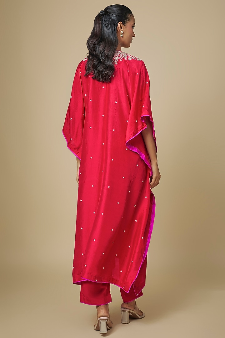 Red Dupion Silk Hand Embroidered Kaftan Set by Anushree Reddy at Pernia's Pop Up Shop