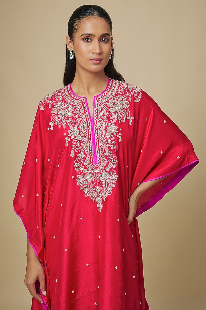 Red Dupion Silk Hand Embroidered Kaftan Set by Anushree Reddy at Pernia's Pop Up Shop
