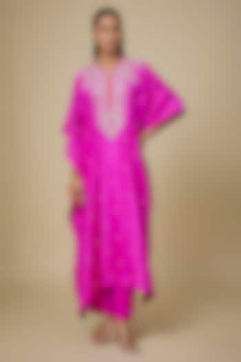 Hot Pink Dupion Silk Hand Embroidered Kaftan Set by Anushree Reddy at Pernia's Pop Up Shop