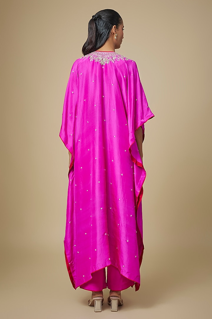 Hot Pink Dupion Silk Hand Embroidered Kaftan Set by Anushree Reddy at Pernia's Pop Up Shop